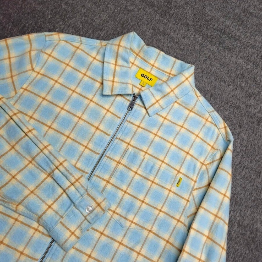 GOLF Wang Tyler The Creator Zip Up Flannel Men L Blue Tan Plaid Cotton Jacket